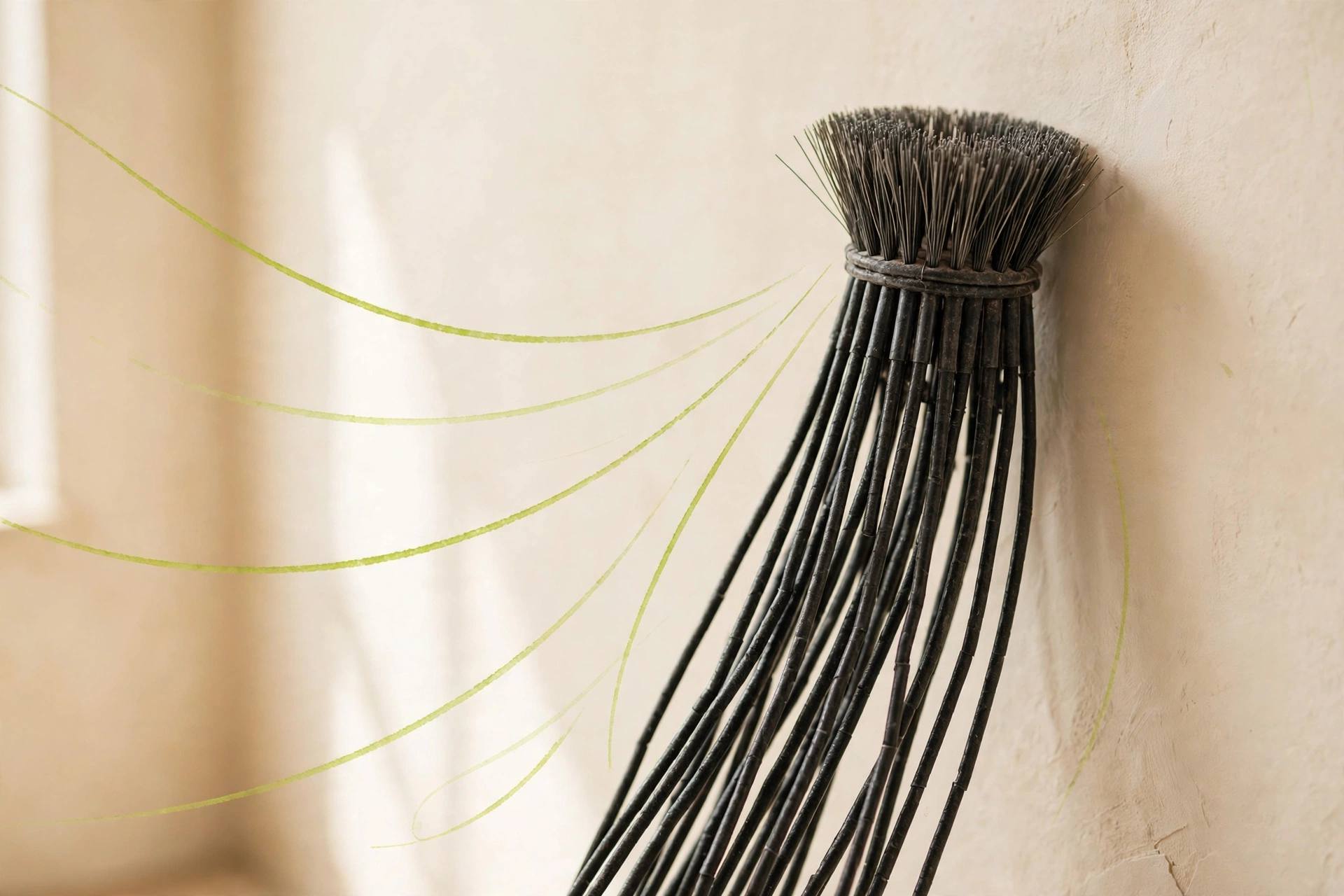 Chimney sweep brush with flexible rods against a warm plaster wall, with lime green airflow lines